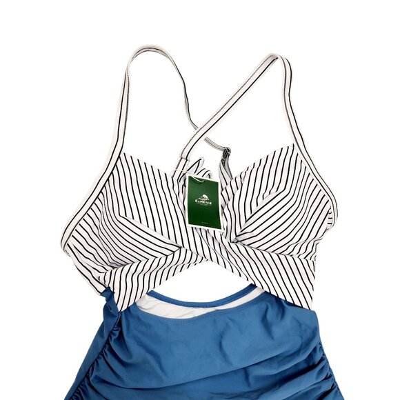 Striped Twist-Front High-Waist One-Piece Swimsuit Blue & White S Eomenie - Picture 9 of 9